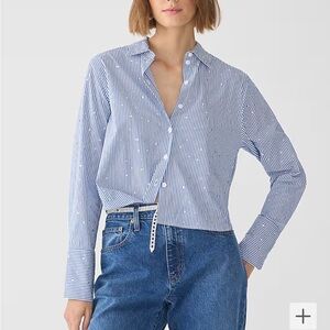 Cropped garçon cotton poplin shirt with crystals in stripe